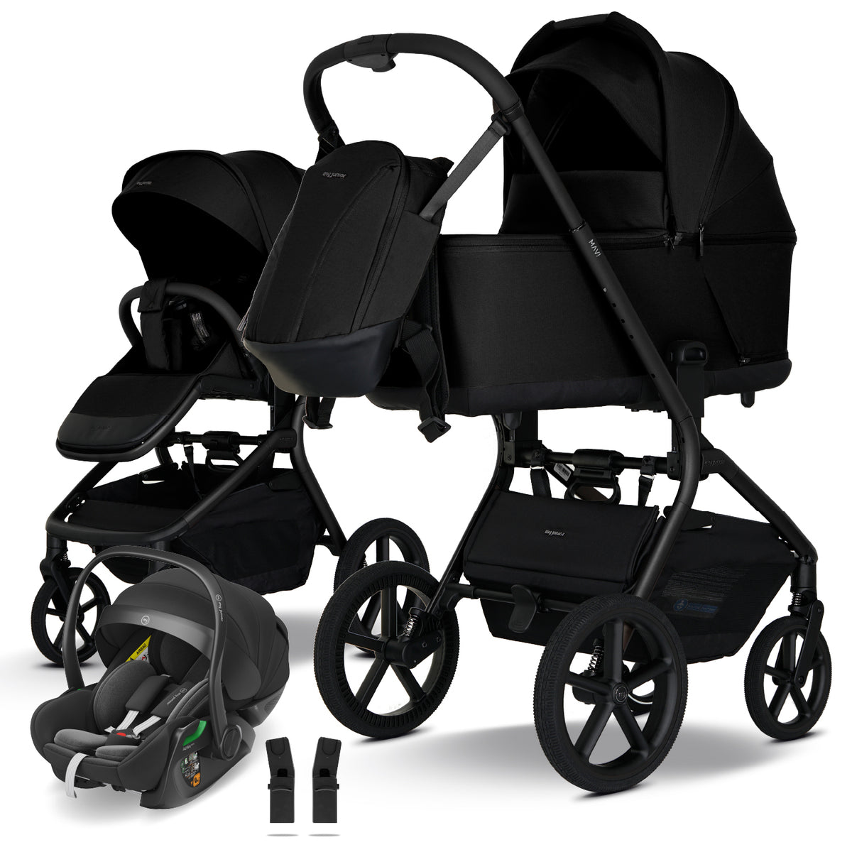 my junior MAVI 3in1 Bundle-Set Pure Black – Kinderwagen mit Sportsitz und mit Babywanne, Wickelrucksack, Babyschale AURA ergo i-Size und Adapter, ohne ISOFIX-Base