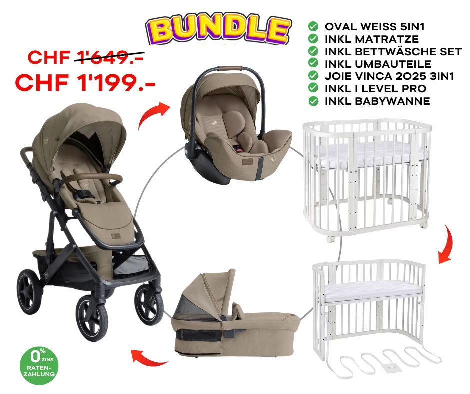 Joie Signature Vinca 3in1 Bundle inkl Oval Babybett 5in1 Weiss / Sandstone