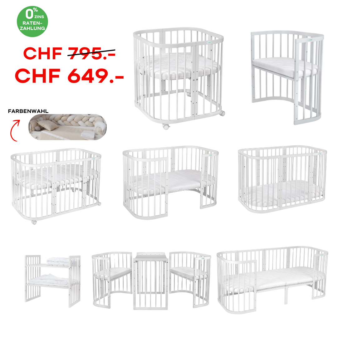 Babybett Quadi Weiss 7in1 – Inkl. 10-tlg Bettwäsche-Set & allen Matratzen