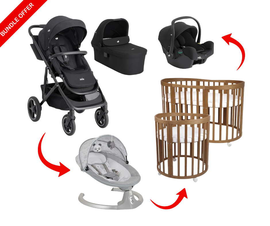 Joie Elara 3in1 Bundle inkl Babybett Oval 7in1 Vintage + Ari Babywippe Elektrisch