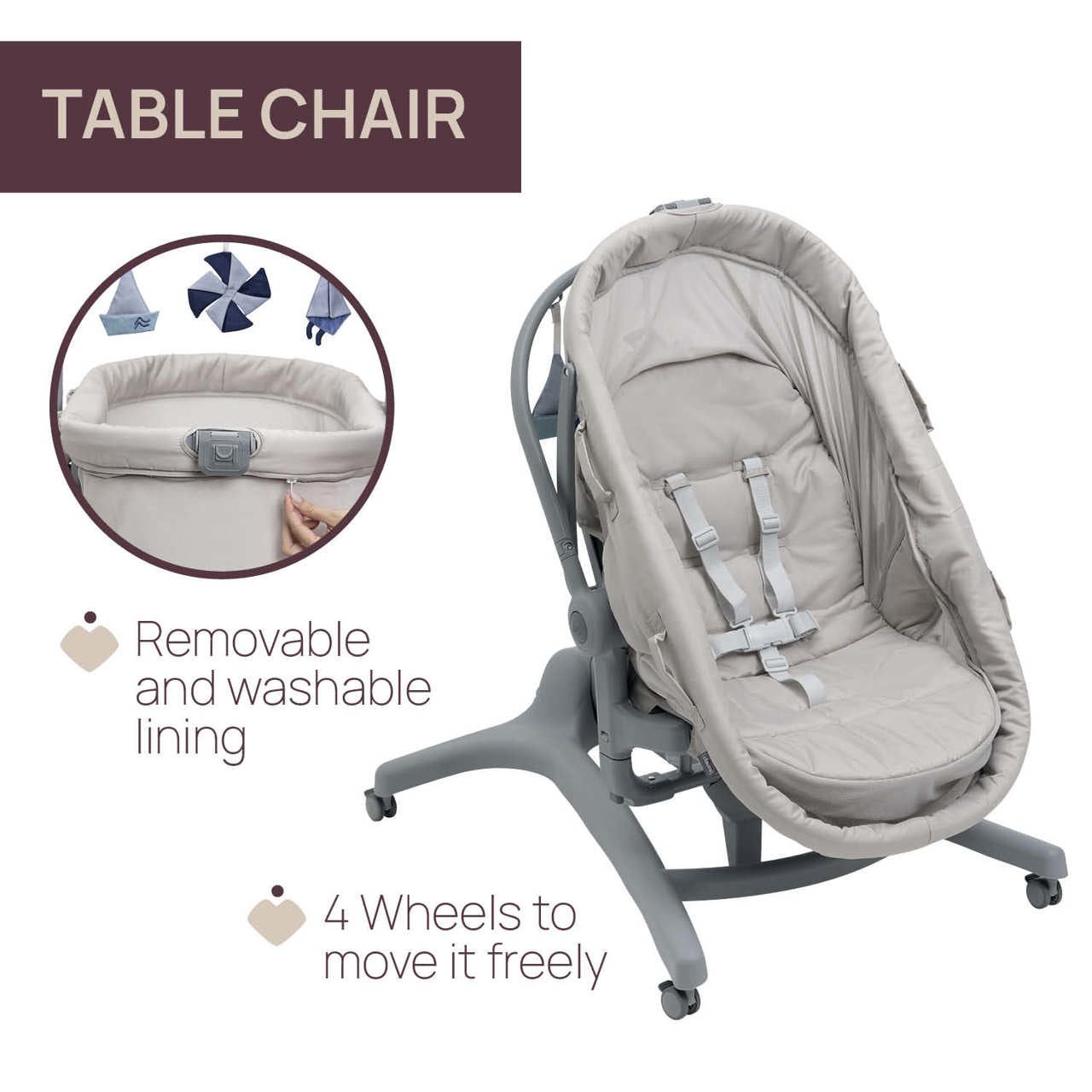 Chicco BABY HUG PRO 5-en-1 - berceau, fauteuil inclinable, chaise haute 