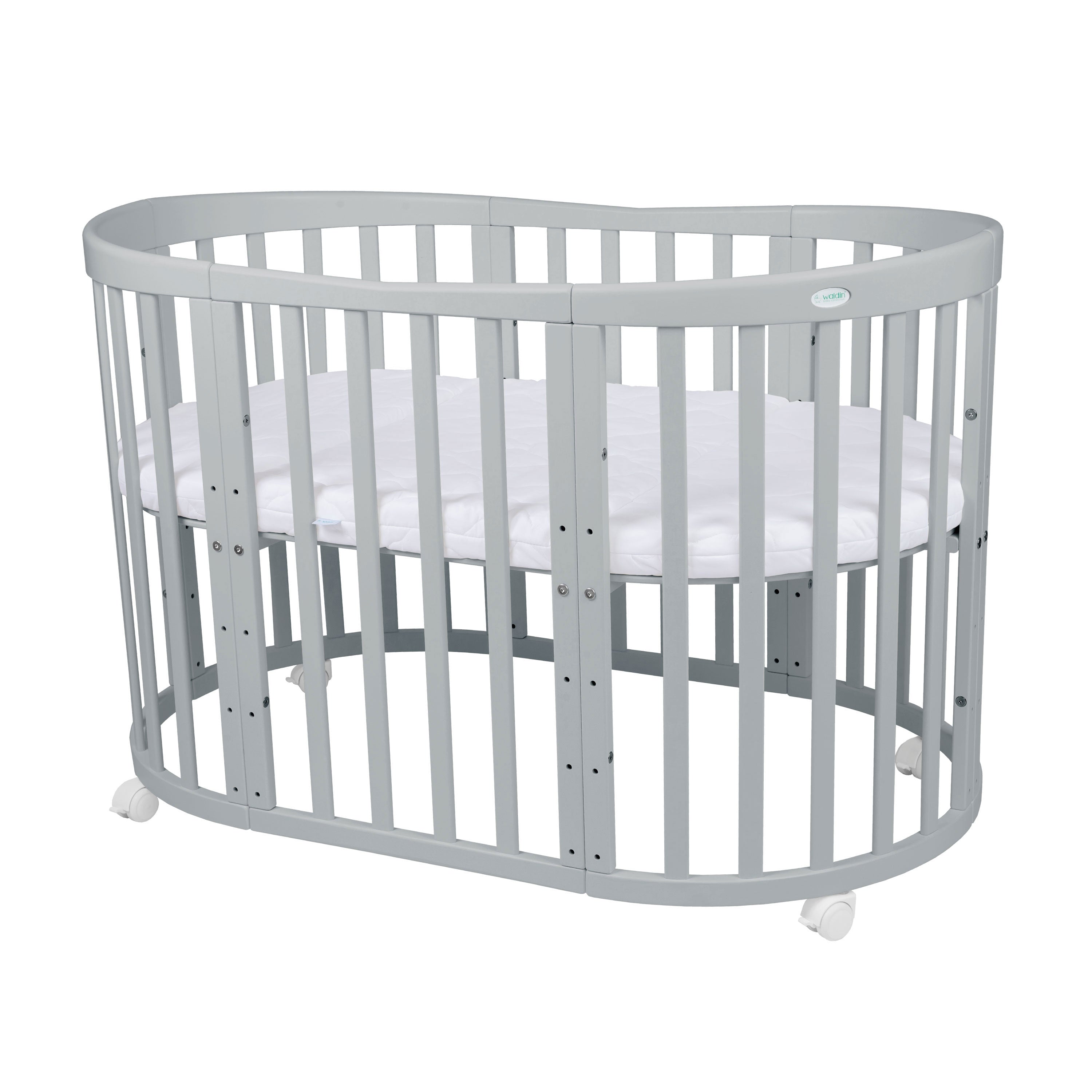 Babybett Kinderbett Oval Grau 7in1: Komplettset inkl. Matratzen, Bettwäsche, Bettschlange & Betthimmel