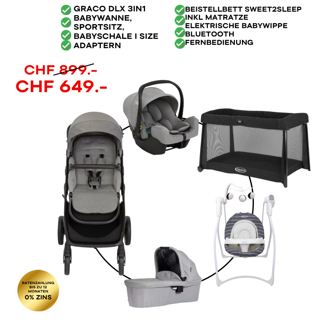 Graco DLX 3in1 Bundle Set inkl Babybett & Babywippe ASH