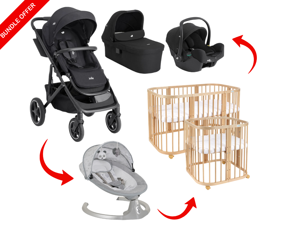 Joie Elara 3in1 Bundle inkl Babybett Quadi 7in1 Nature + Ari Babywippe Elektrisch