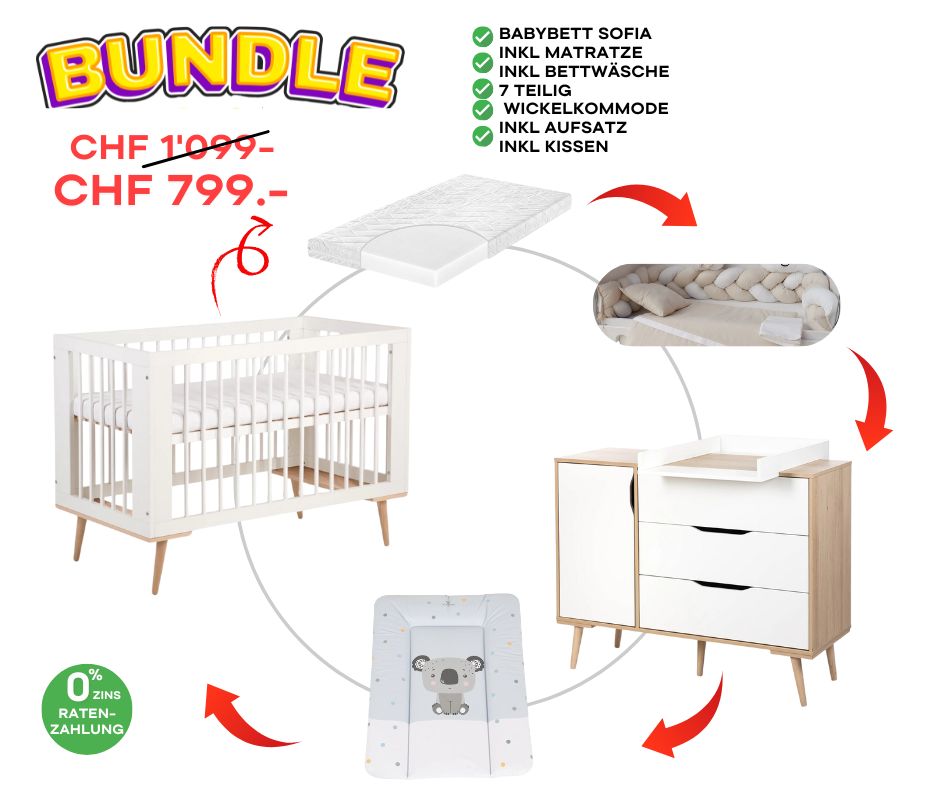 Sofia Bundle Babybett Set, Wickelkommode Set Weiss