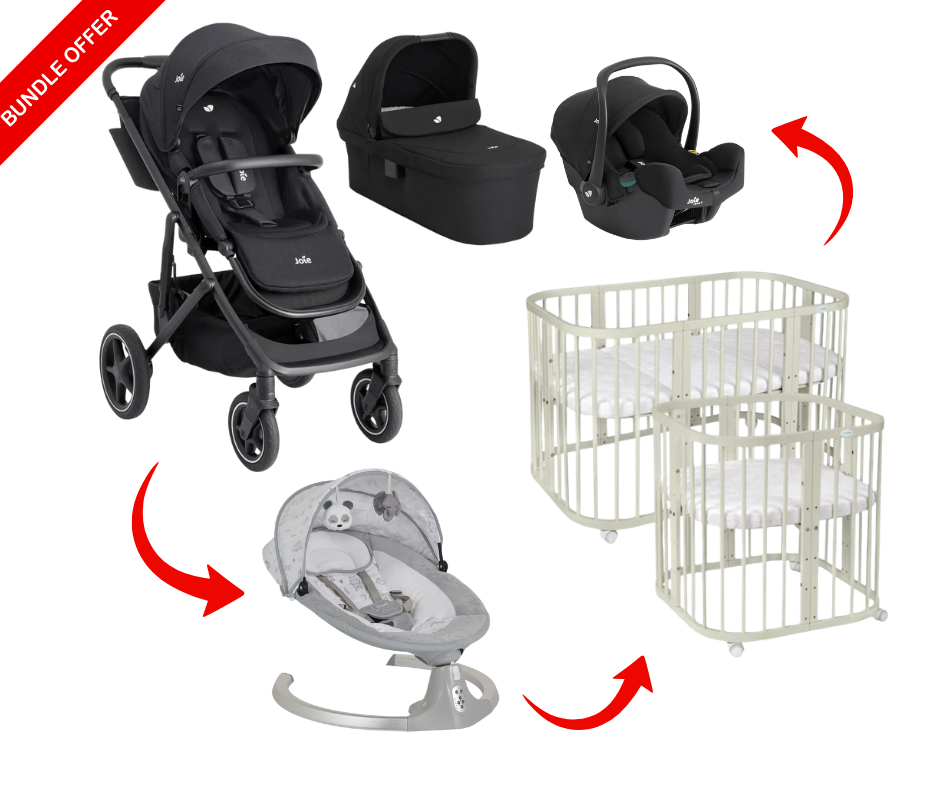 Joie Elara 3in1 Bundle inkl Babybett Quadi 7in1 Olive + Ari Babywippe Elektrisch