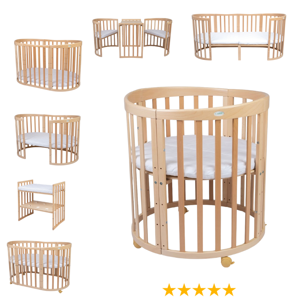 Babybett Kinderbett Oval Natur 7in1: Komplettset inkl. Matratzen, Bettwäsche, Bettschlange & Betthimmel