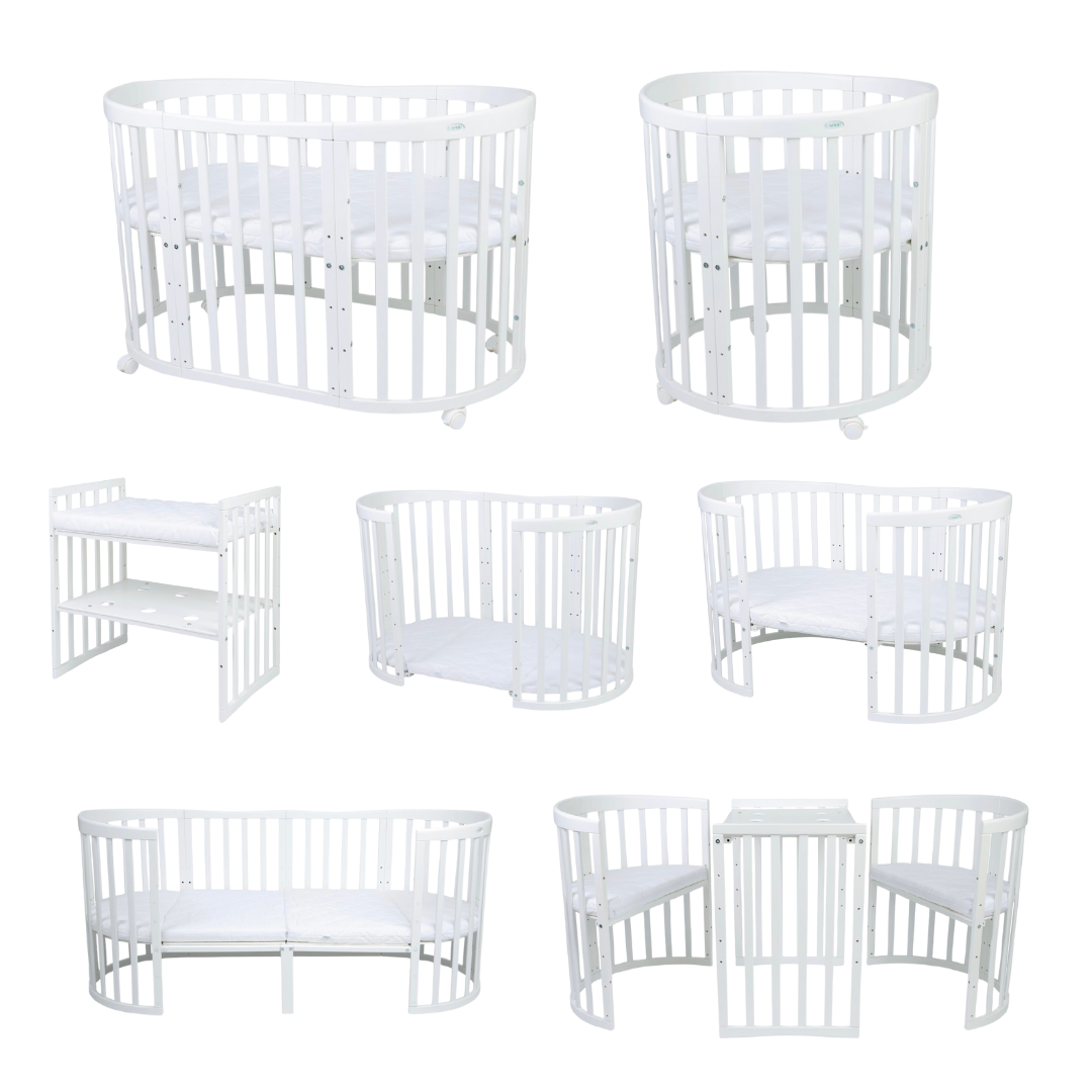 Babybett Kinderbett Oval Weiss 7in1: Komplettset inkl. Matratzen, Bettwäsche, Bettschlange & Betthimmel