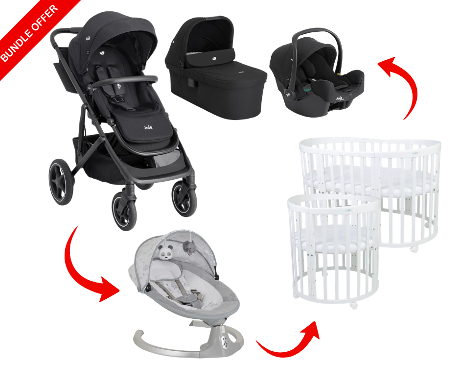 Joie Elara 3in1 Bundle inkl Babybett Oval 7in1 Weiss + Ari Babywippe Elektrisch