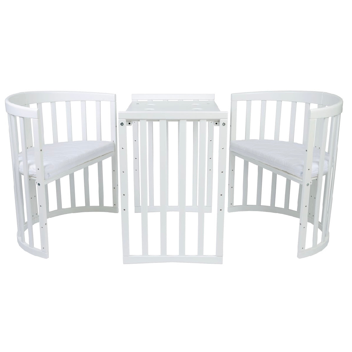 Babybett Kinderbett Oval Weiss 7in1: Komplettset inkl. Matratzen, Bettwäsche, Bettschlange & Betthimmel