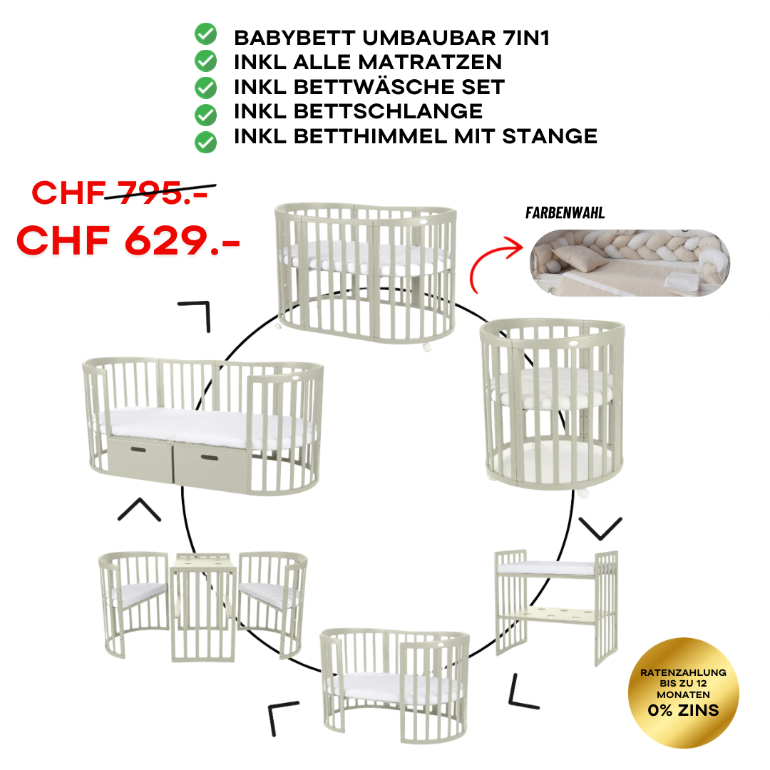 Babybett Kinderbett Oval Olive 7in1: Komplettset inkl. Matratzen, Bettwäsche, Bettschlange & Betthimmel