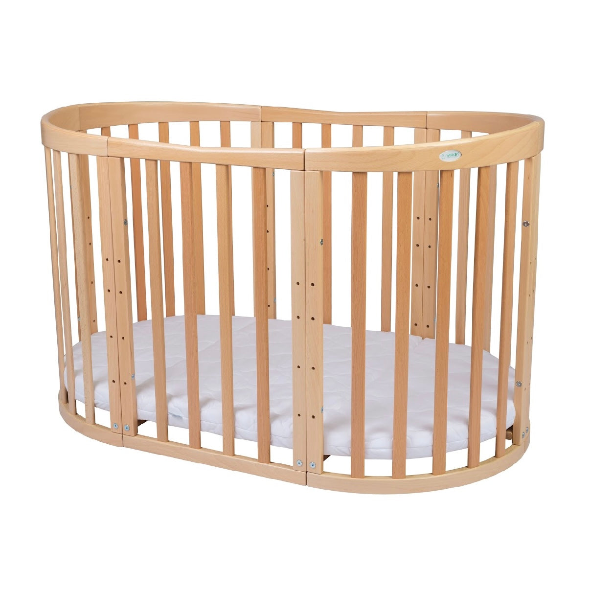 Babybett Kinderbett Oval Natur 7in1: Komplettset inkl. Matratzen, Bettwäsche, Bettschlange & Betthimmel