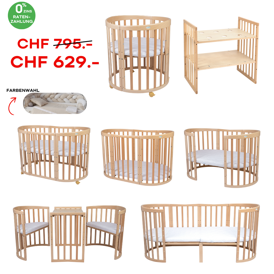 7in1 Babybett Oval Natur – inkl. Matratzen, Bettwäsche, Betthimmel