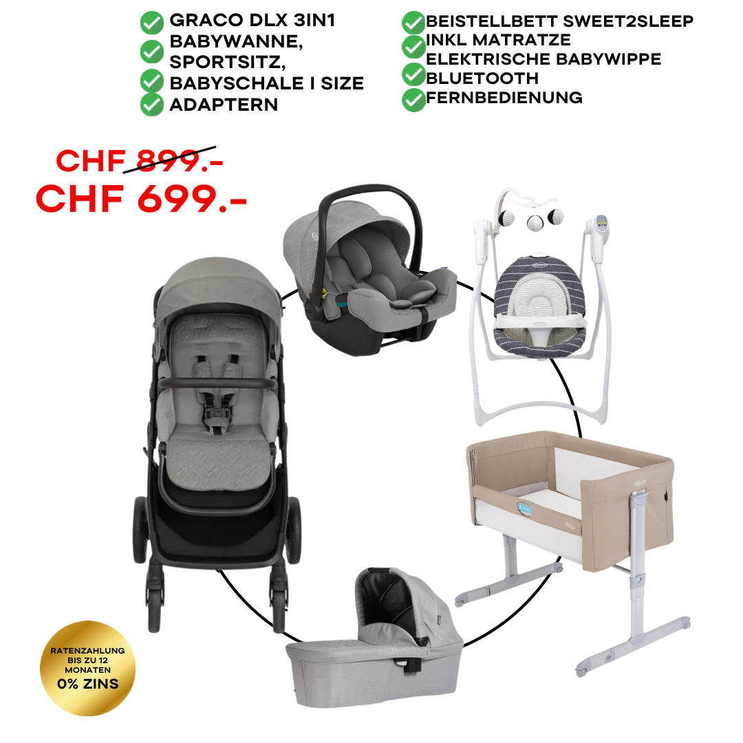 Graco DLX 3in1 Bundle Set inkl Beistellbett & Babywippe ASH