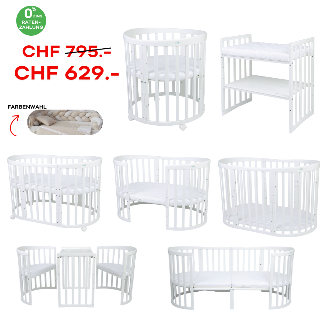 7in1 Babybett Oval Weiss – inkl. Matratzen, Bettwäsche, Betthimmel