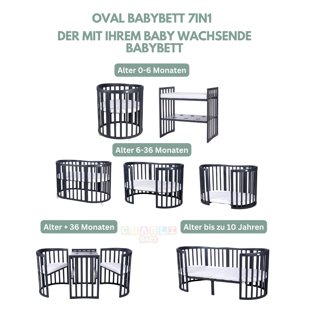 Babybett Kinderbett Oval Antrazit 7in1: Komplettset inkl. Matratzen, Bettwäsche, Bettschlange & Betthimmel