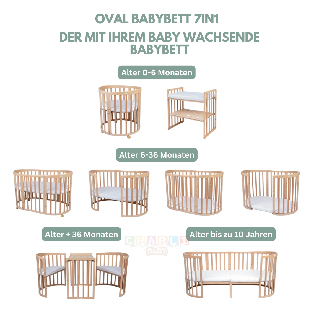 Babybett Kinderbett Oval Natur 7in1: Komplettset inkl. Matratzen, Bettwäsche, Bettschlange & Betthimmel