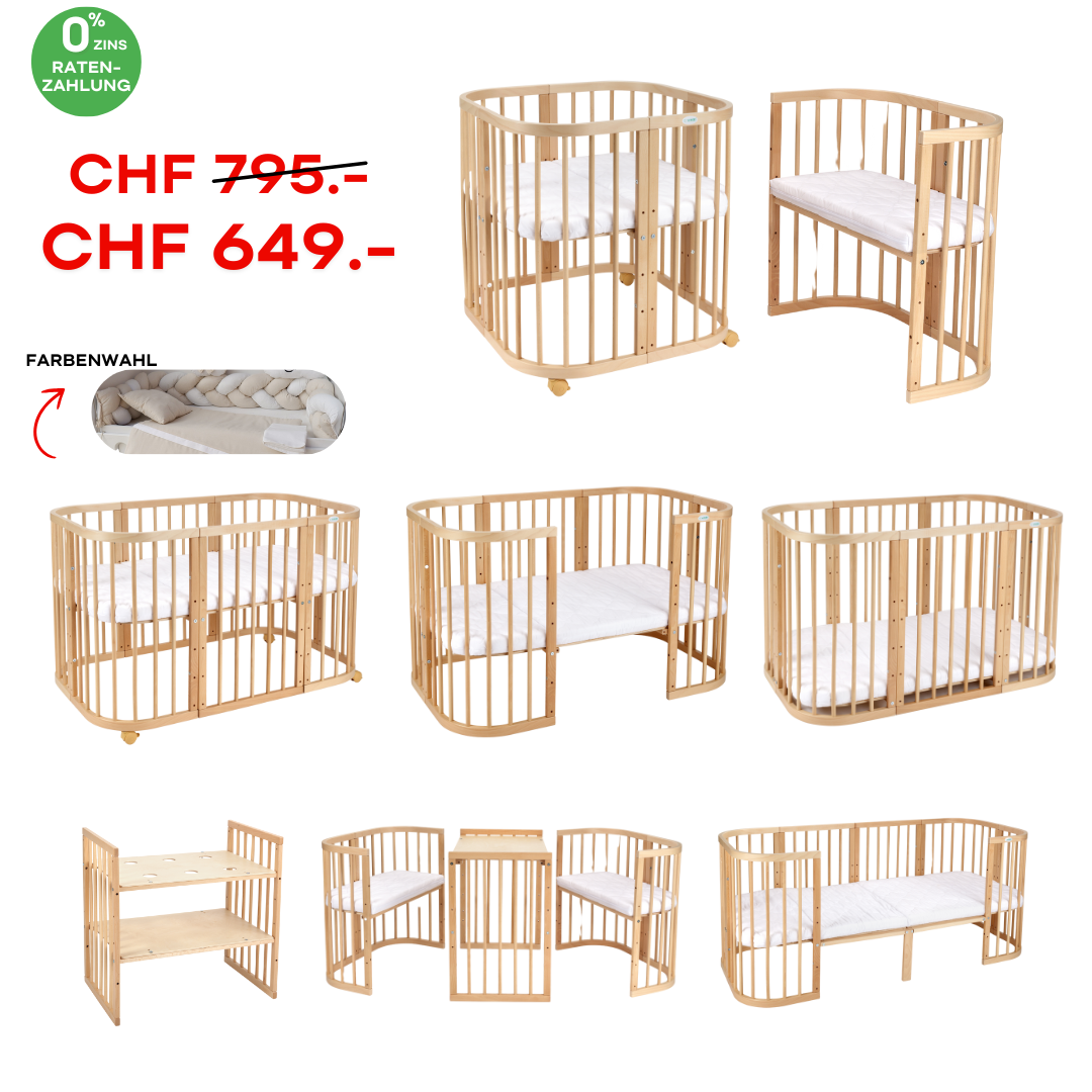 Babybett Quadi Holz 7in1 – Inkl. 10-tlg Bettwäsche-Set & allen Matratzen