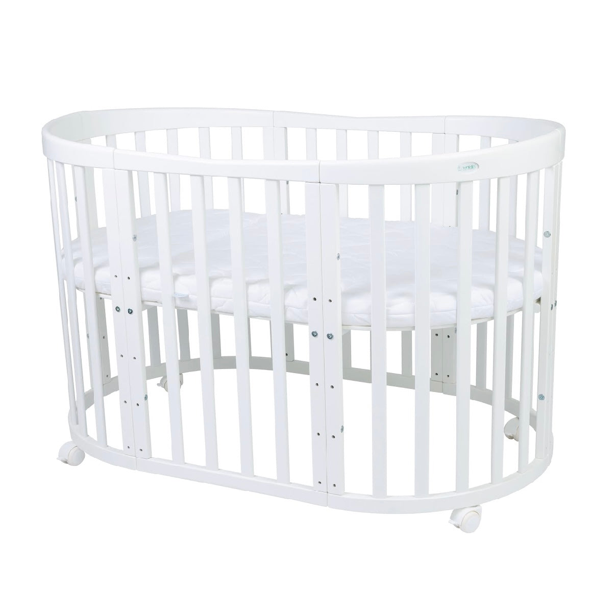 Babybett Kinderbett Oval Weiss 7in1: Komplettset inkl. Matratzen, Bettwäsche, Bettschlange & Betthimmel