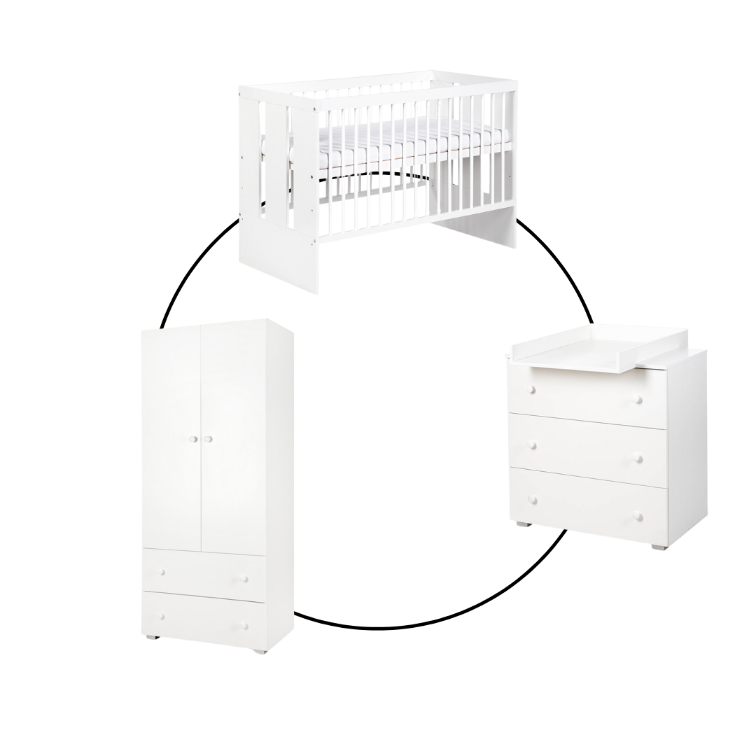 Paula 3-teiliges Babyzimmer inkl. Matratze, Bettwäscheset und Wickelkissen