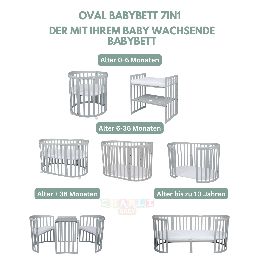 Babybett Kinderbett Oval Grau 7in1: Komplettset inkl. Matratzen, Bettwäsche, Bettschlange & Betthimmel