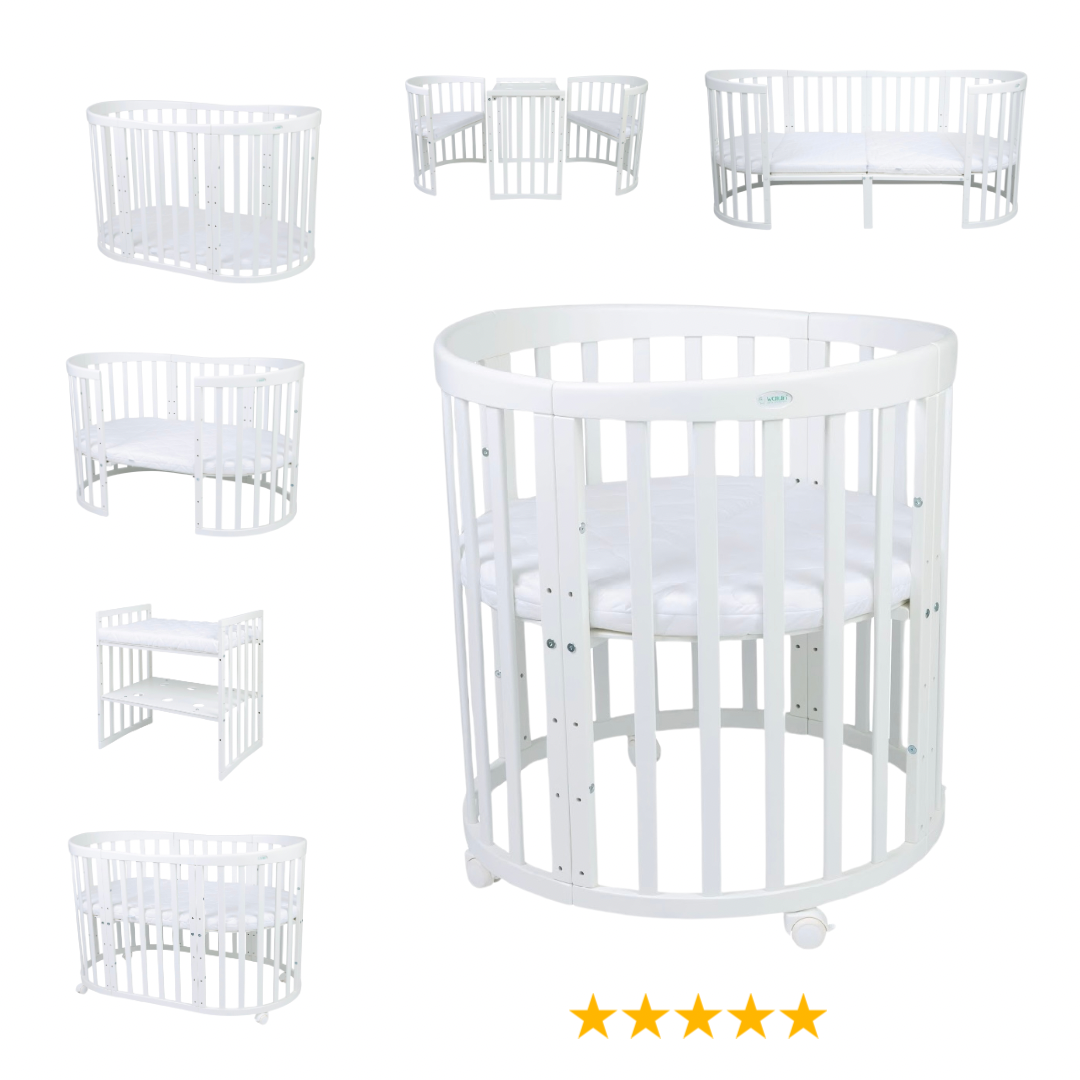 Babybett Kinderbett Oval Weiss 7in1: Komplettset inkl. Matratzen, Bettwäsche, Bettschlange & Betthimmel