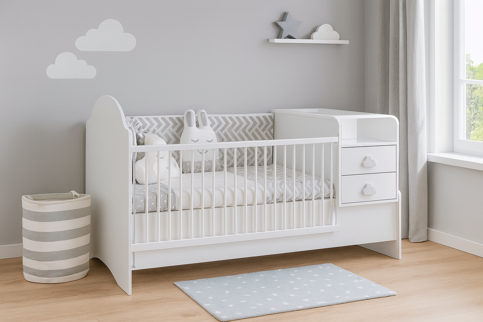 Babyzimmer Pori-Wolken Set inkl Babybett, Kommode, 2Türige Schrank & Matratze