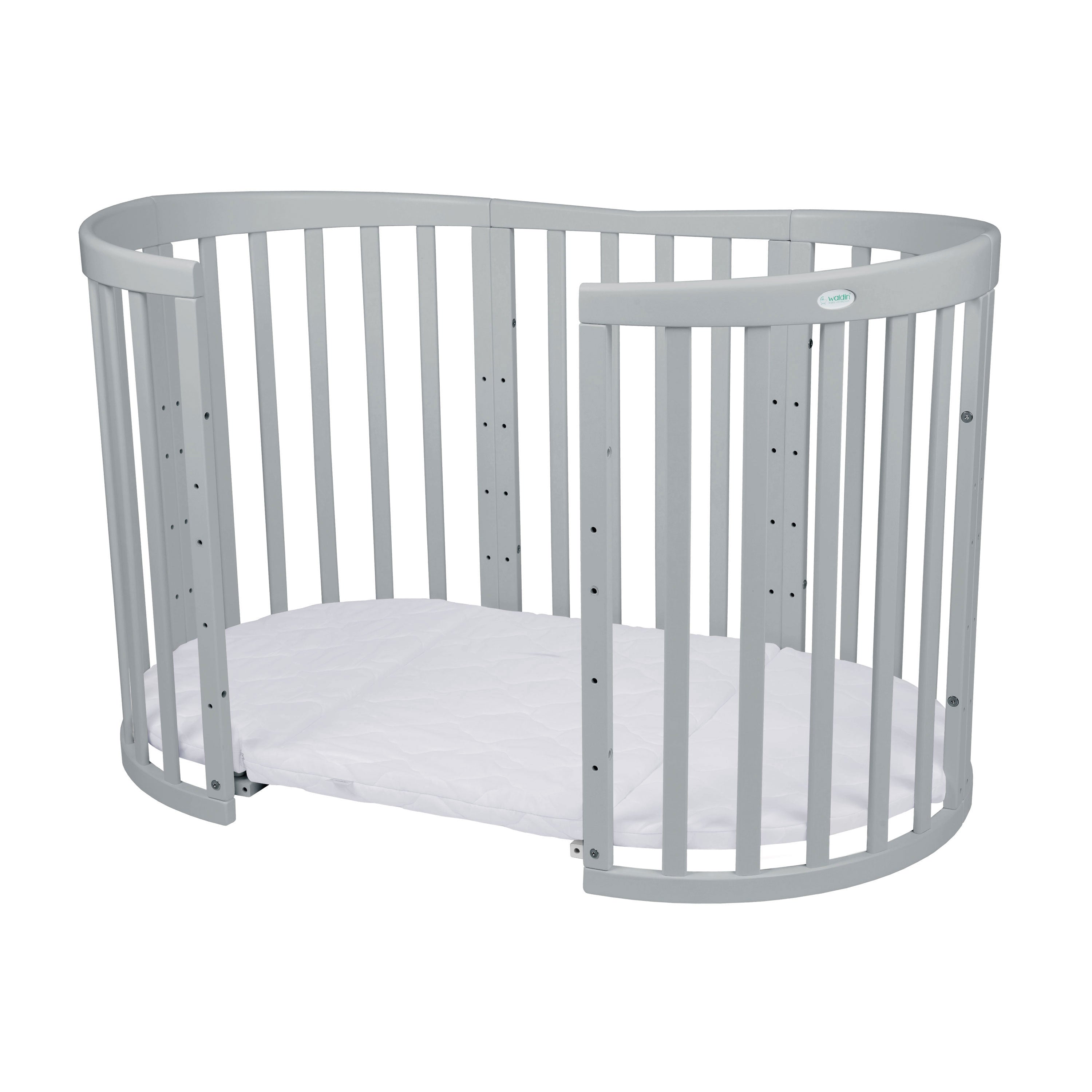 Babybett Kinderbett Oval Grau 7in1: Komplettset inkl. Matratzen, Bettwäsche, Bettschlange & Betthimmel