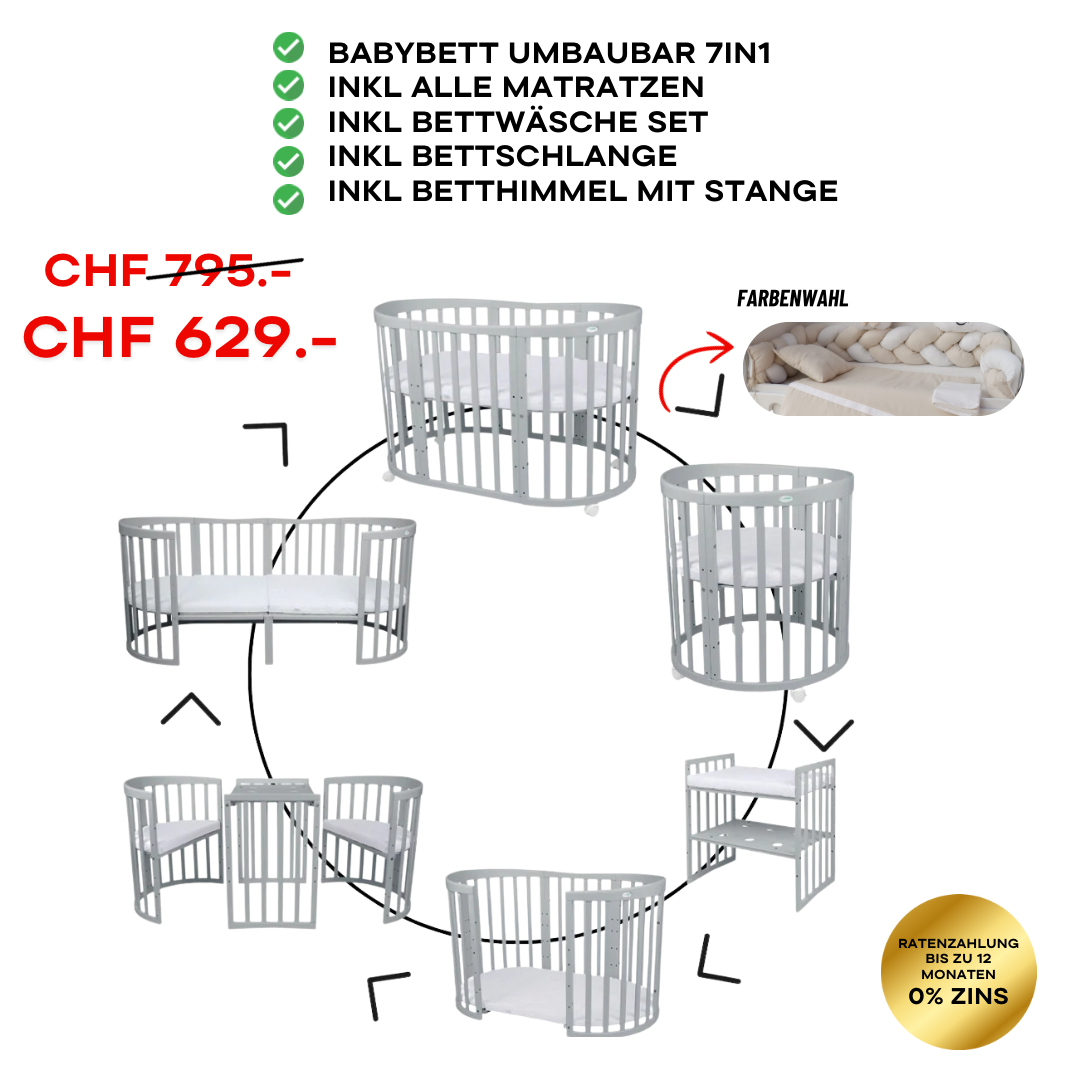 Babybett Kinderbett Oval Grau 7in1: Komplettset inkl. Matratzen, Bettwäsche, Bettschlange & Betthimmel