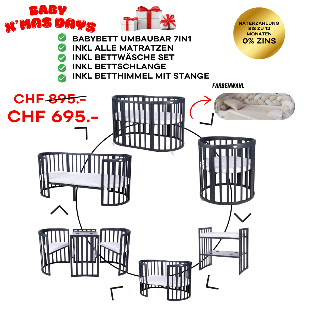 Babybett Kinderbett Oval Antrazit 7in1: Komplettset inkl. Matratzen, Bettwäsche, Bettschlange & Betthimmel