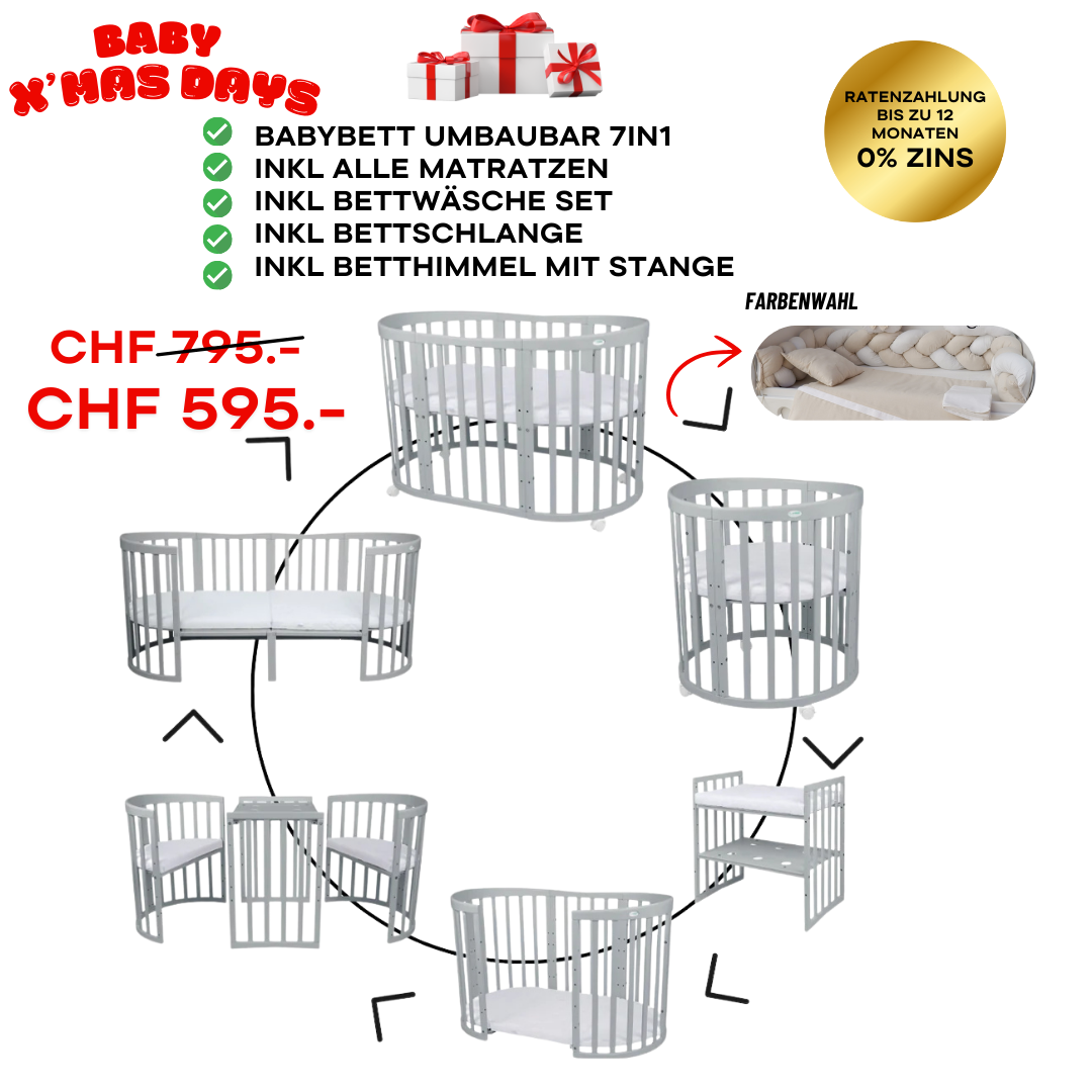 Babybett Kinderbett Oval Grau 7in1: Komplettset inkl. Matratzen, Bettwäsche, Bettschlange & Betthimmel