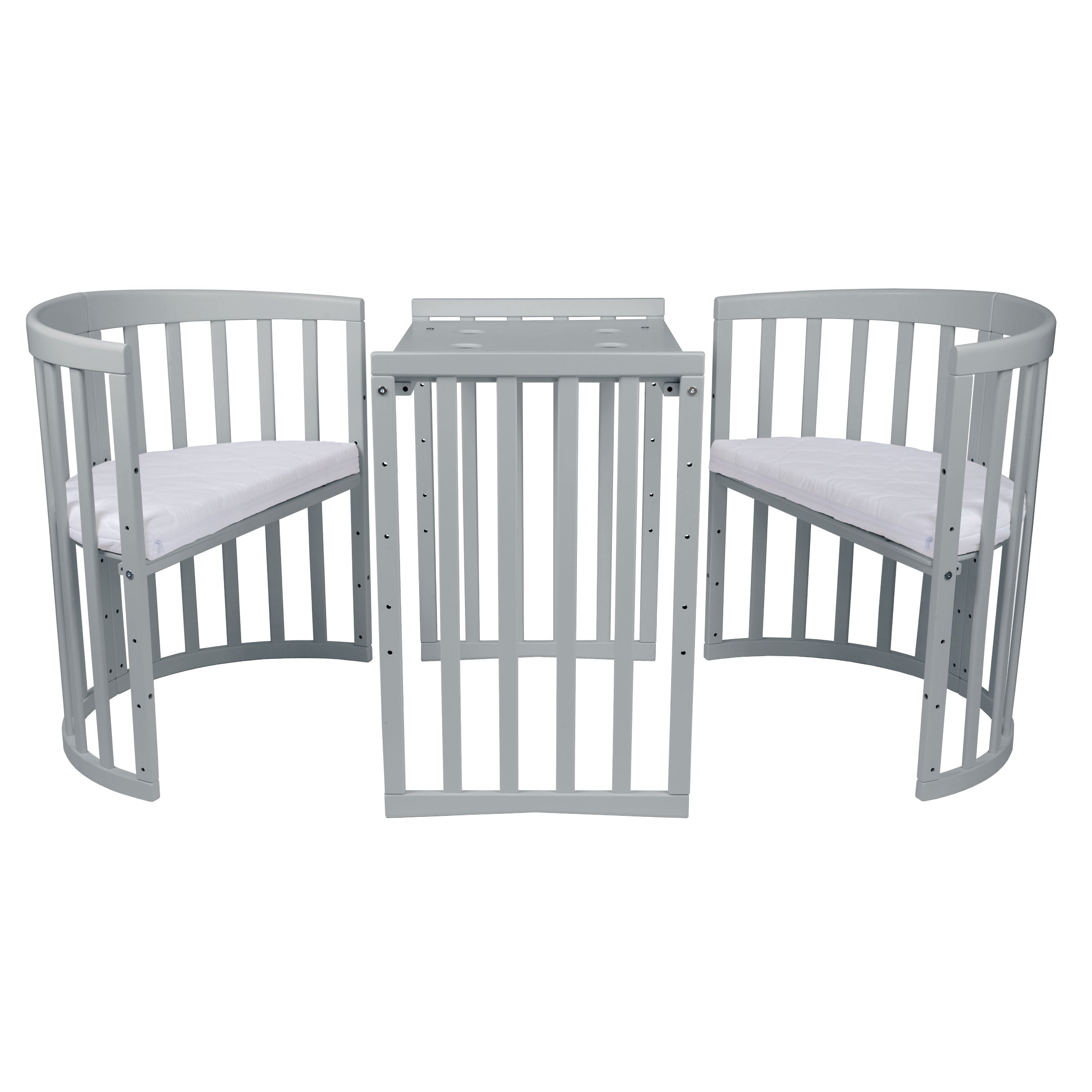 Babybett Kinderbett Oval Grau 7in1: Komplettset inkl. Matratzen, Bettwäsche, Bettschlange & Betthimmel