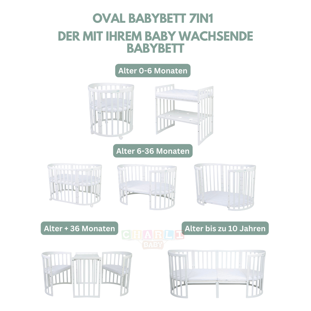 Babybett Kinderbett Oval Weiss 7in1: Komplettset inkl. Matratzen, Bettwäsche, Bettschlange & Betthimmel