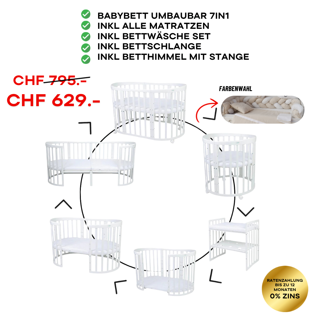 Babybett Kinderbett Oval Weiss 7in1: Komplettset inkl. Matratzen, Bettwäsche, Bettschlange & Betthimmel