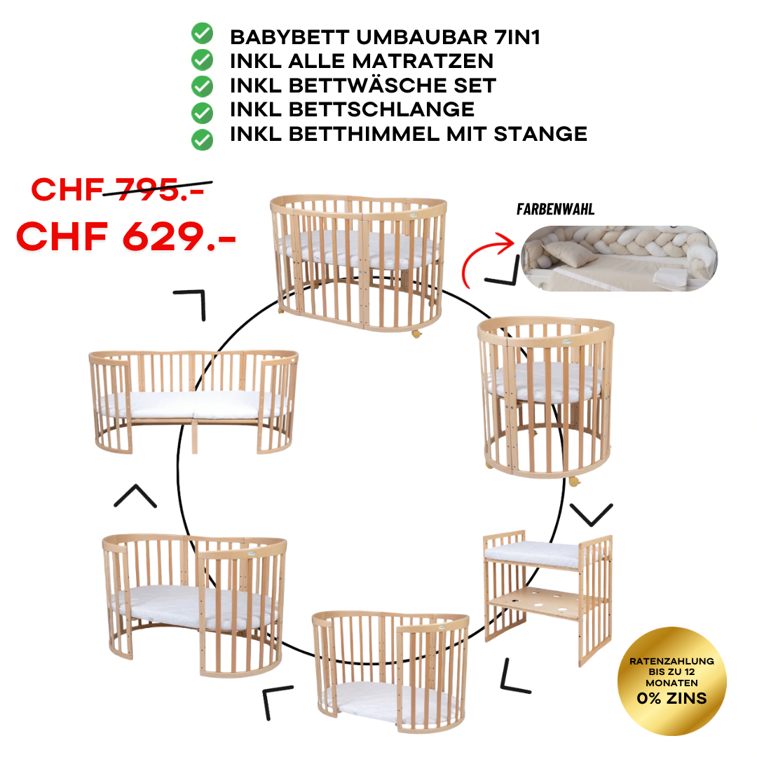 Babybett Kinderbett Oval Natur 7in1: Komplettset inkl. Matratzen, Bettwäsche, Bettschlange & Betthimmel