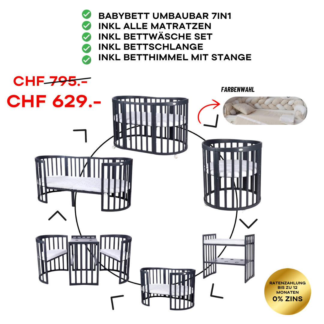 Babybett Kinderbett Oval Antrazit 7in1: Komplettset inkl. Matratzen, Bettwäsche, Bettschlange & Betthimmel