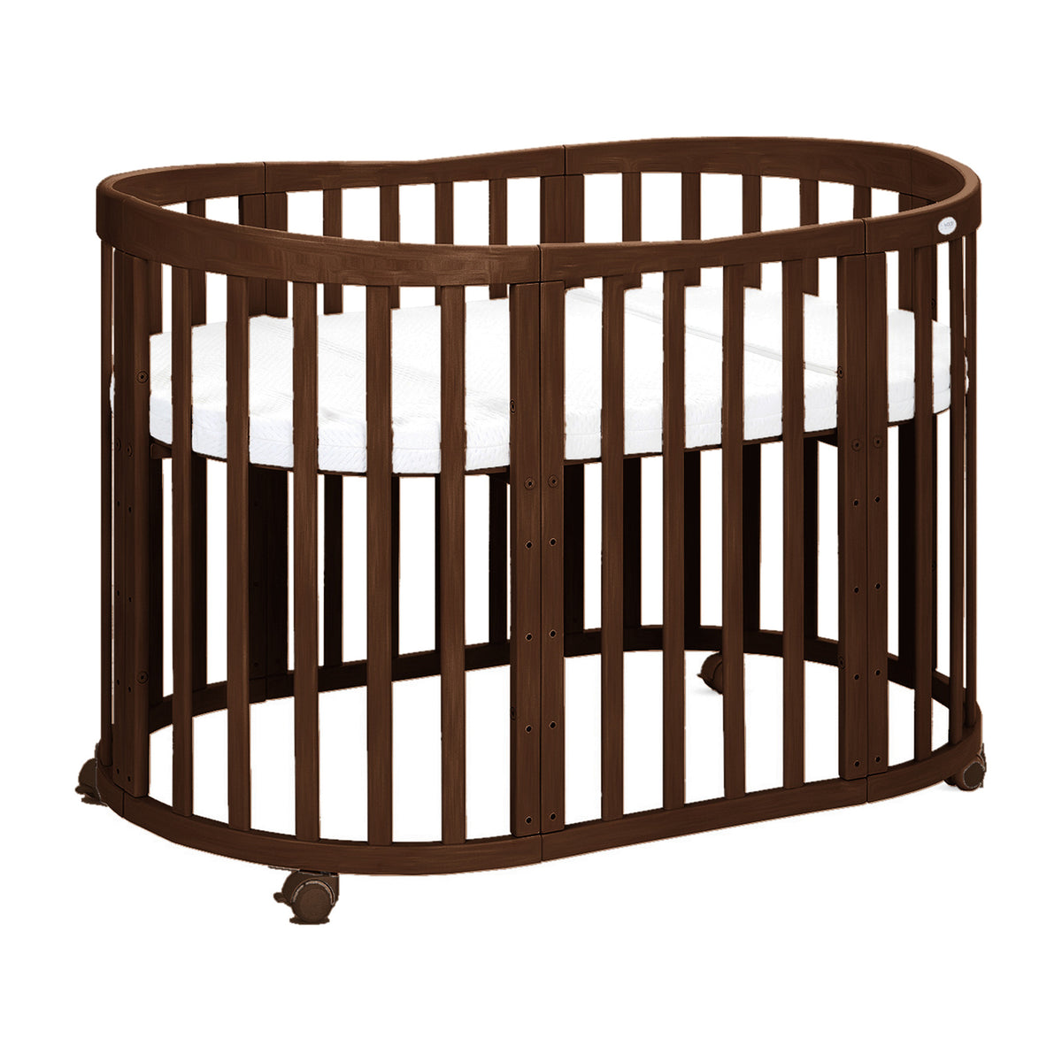 Oval 7in1 Babybett in Walnut als grosses ovales Babybett mit Rollen