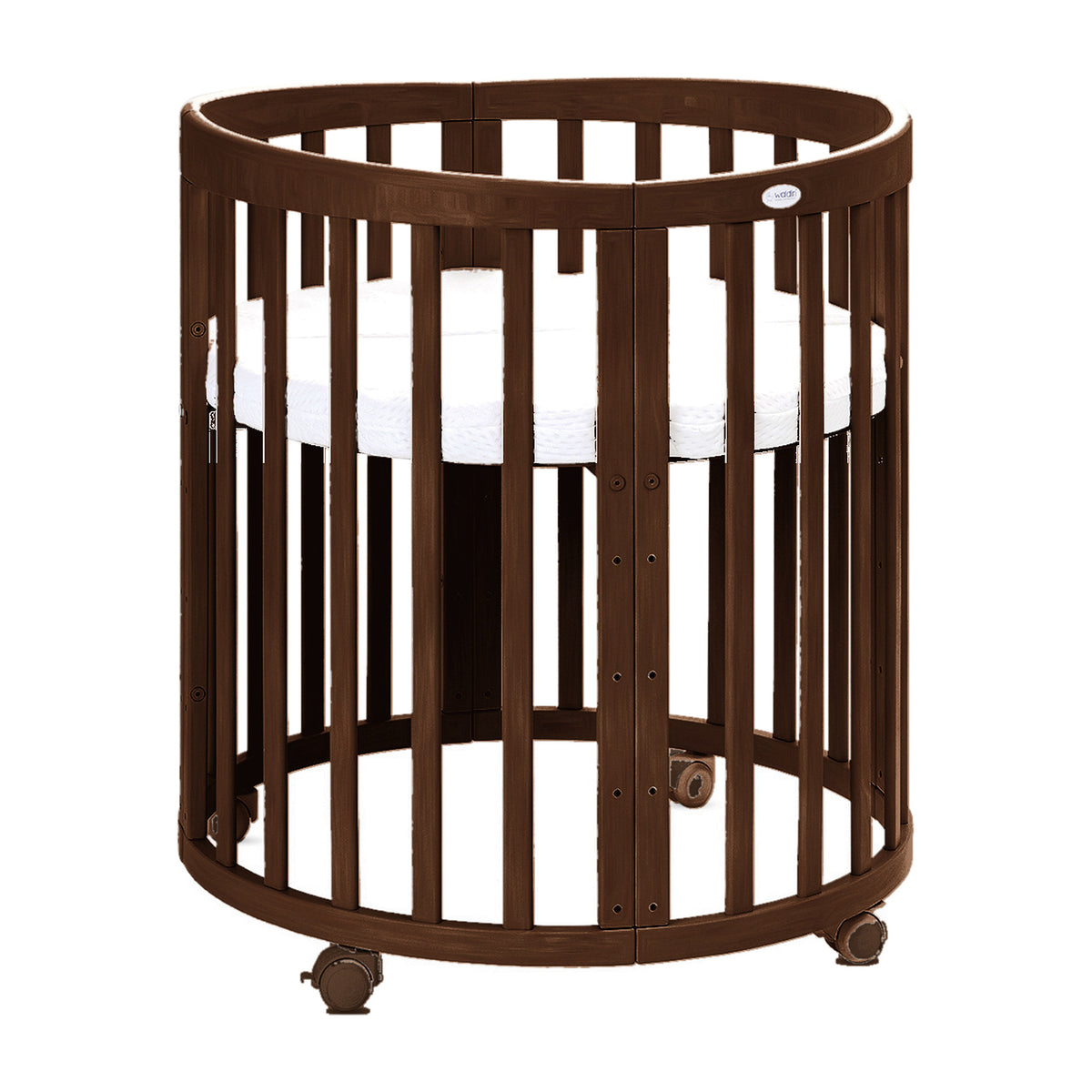 Oval 7in1 Babybett Walnut als kleines rundes Babybett mit Rollen