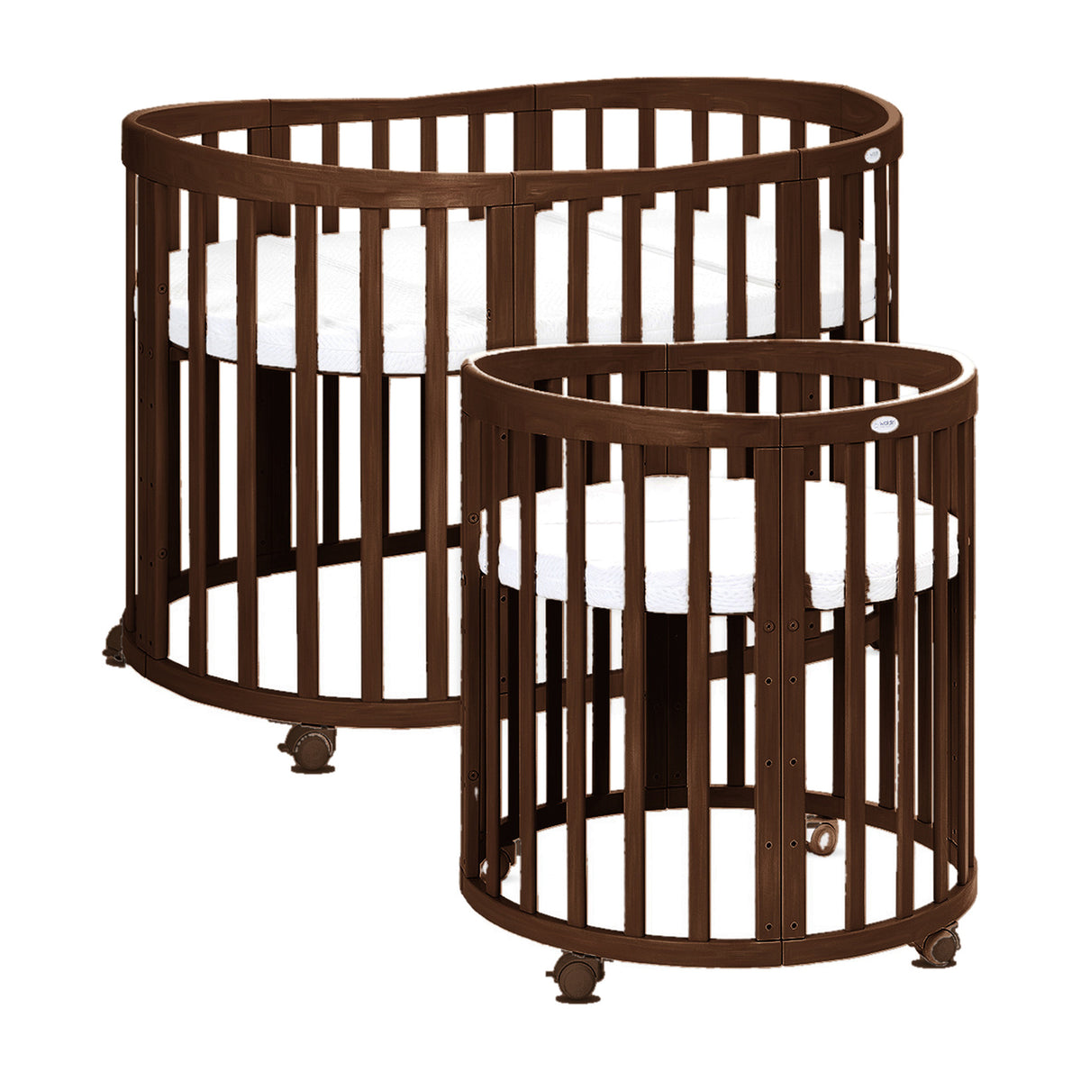Oval 7in1 Babybett Walnut – kleines rundes und grosses ovales Bett nebeneinander