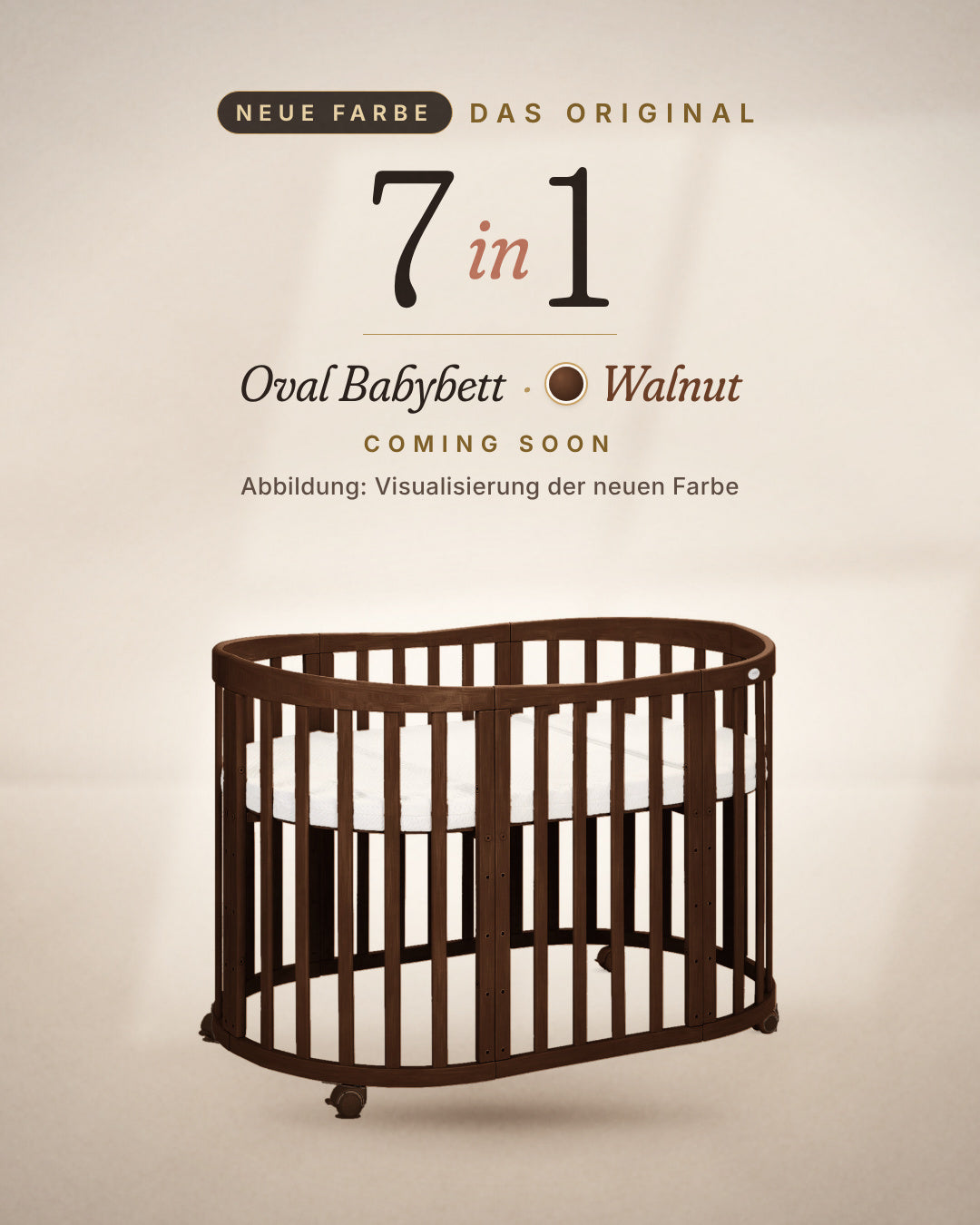 Oval 7in1 Babybett in der neuen Farbe Walnut – Coming soon
