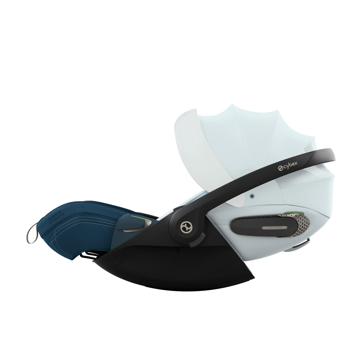 CYBEX Cloud S i-Size Style Opal Blue – Seitenansicht mit ausgezogenem Sonnenverdeck in Liegeposition