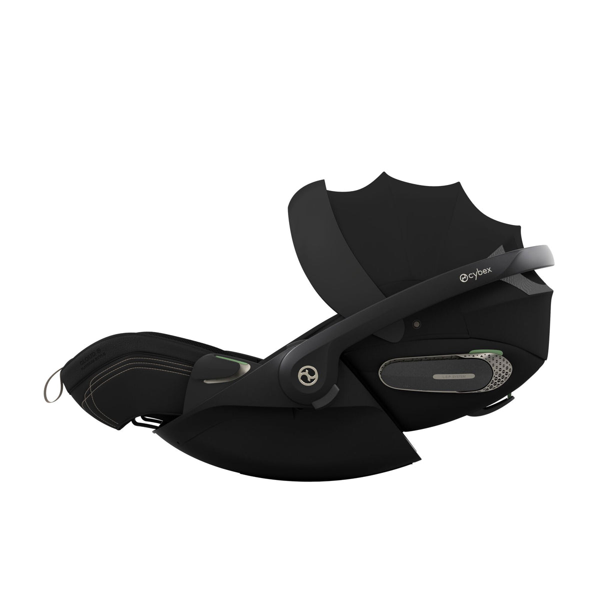 CYBEX Cloud S i-Size Style Sepia Black – Seitenansicht mit ausgezogenem Sonnenverdeck in Liegeposition