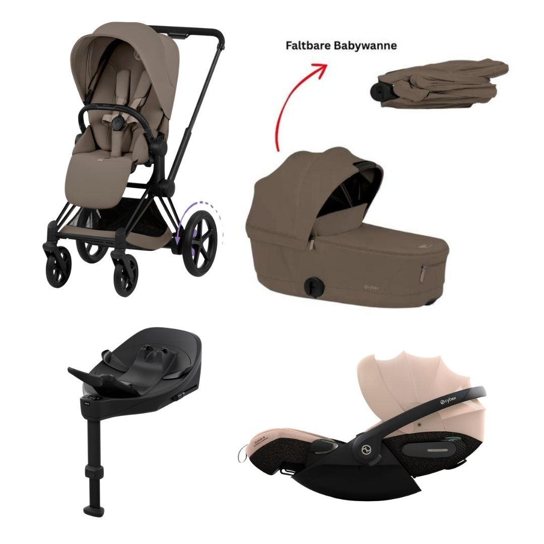 CYBEX e-Priam Comfort Matt Black Coconut Brown 4in1 Bundle mit faltbarer Babywanne, Cloud S Comfort Cozy Beige und Base S
