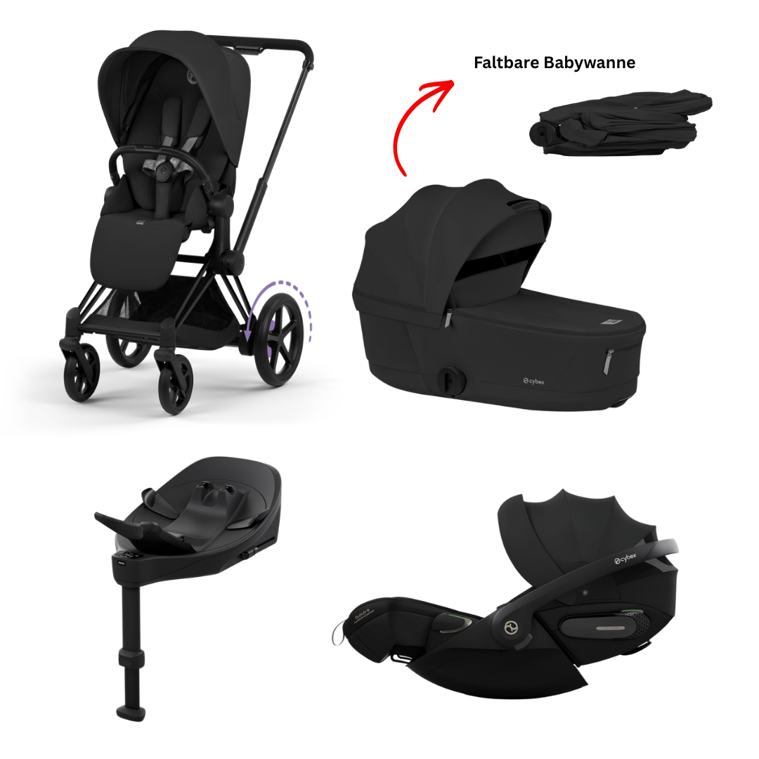 CYBEX e-Priam Comfort Matt Black Sepia Black 4in1 Bundle mit faltbarer Babywanne, Cloud S Comfort Sepia Black und Base S