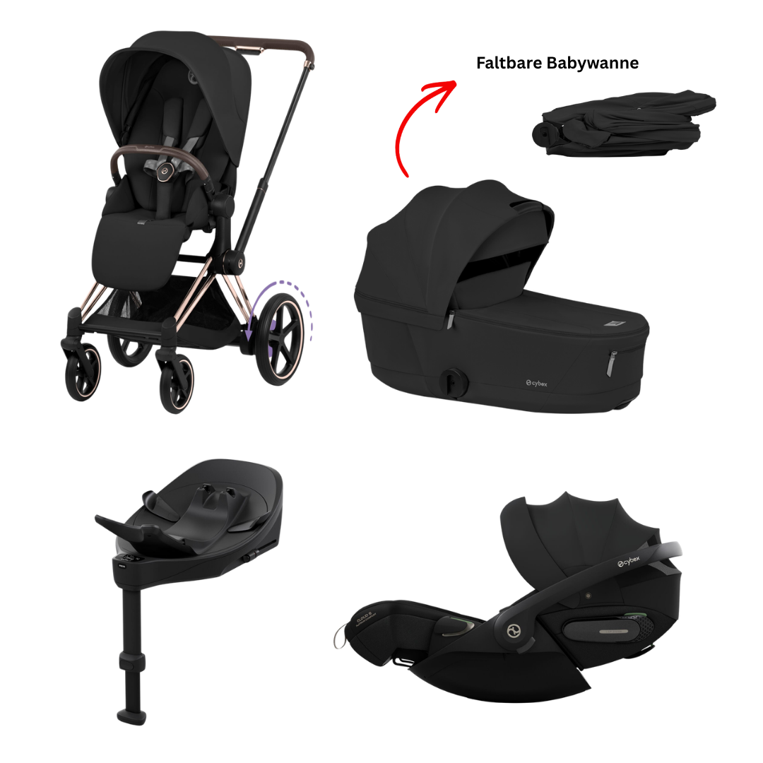 CYBEX e-Priam Comfort Rosegold Sepia Black 4in1 Bundle mit faltbarer Babywanne, Cloud S Comfort Sepia Black und Base S