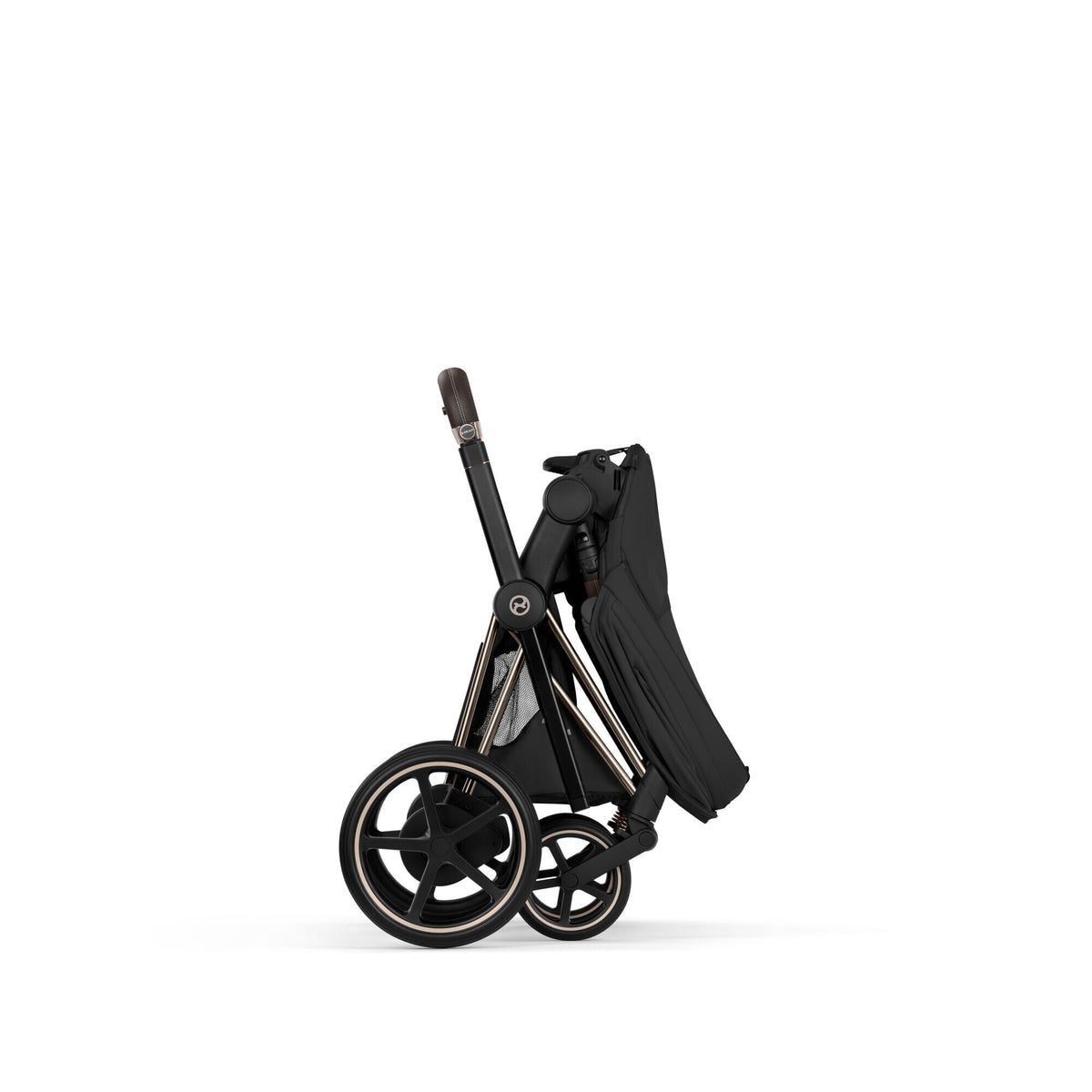 CYBEX e-Priam Champagne Gold mit Sitzpaket Sepia Black – zusammengefaltet