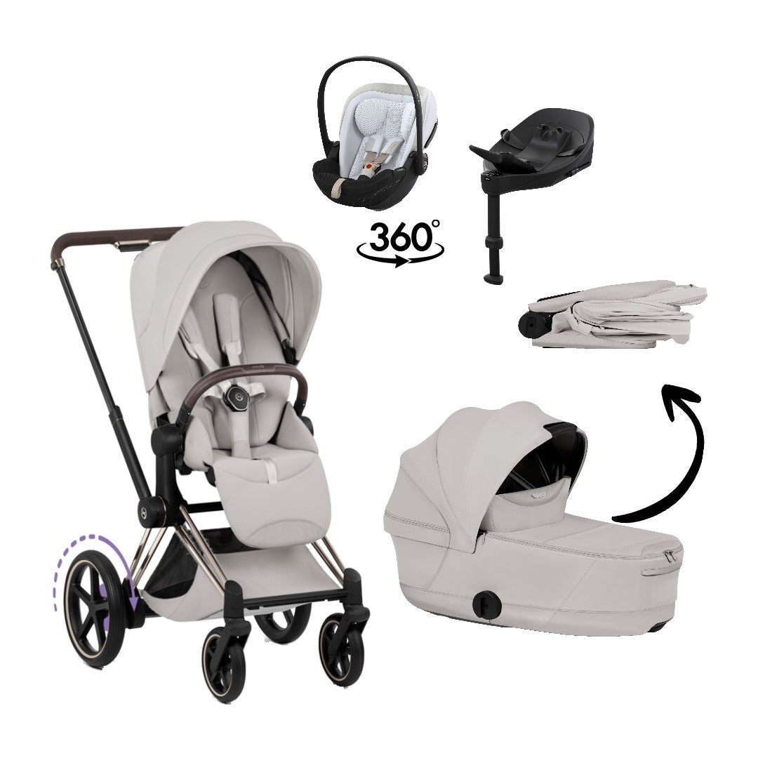 CYBEX e-Priam Style Champagne Gold City Grey 4in1 Bundle: Kinderwagen, faltbare Babywanne, Babyschale Cloud S Style Misty Grey und Base S
