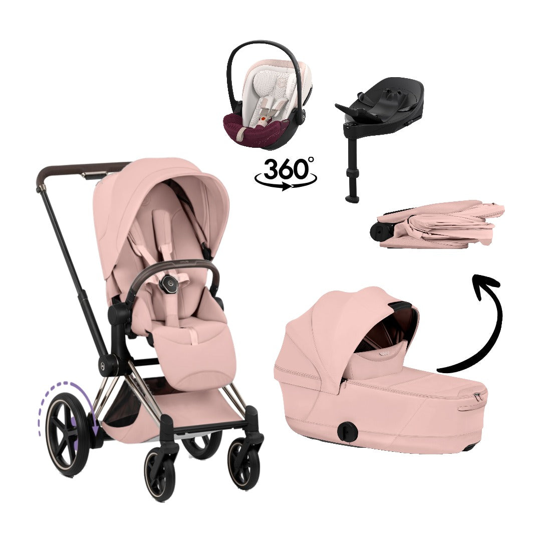 CYBEX e-Priam Style Champagne Gold Peach Pink 4in1 Bundle: Kinderwagen, faltbare Babywanne, Babyschale Cloud S Style Quartz Pink und Base S