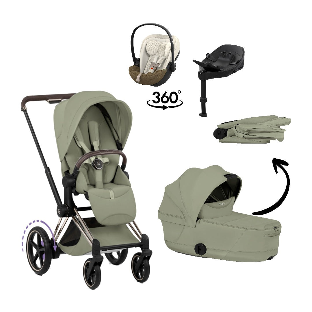 CYBEX e-Priam Style Champagne Gold Sage Green 4in1 Bundle: Kinderwagen, faltbare Babywanne, Babyschale Cloud S Style Jade Green und Base S
