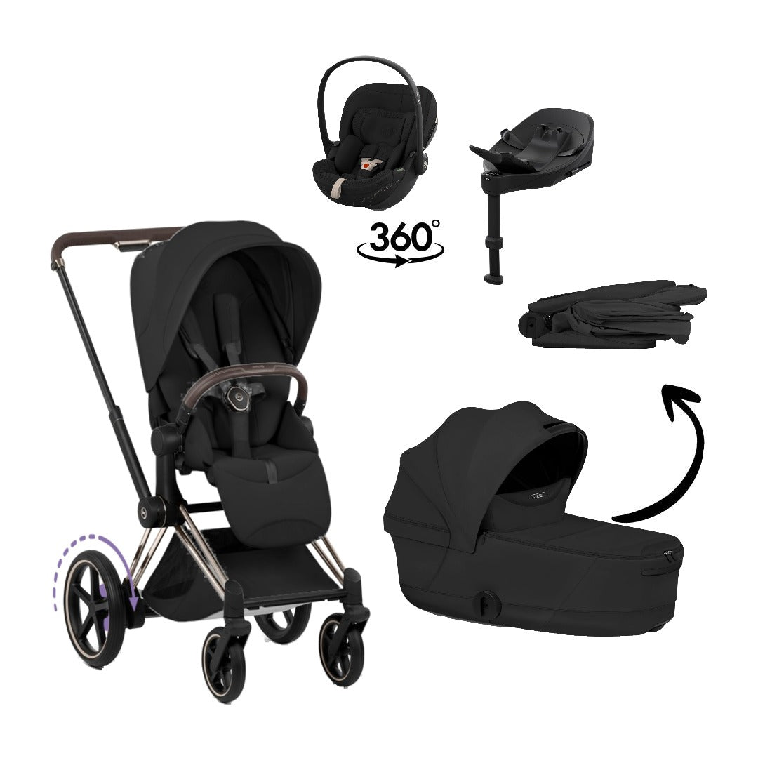 CYBEX e-Priam Style Champagne Gold Sepia Black 4in1 Bundle: Kinderwagen, faltbare Babywanne, Babyschale Cloud S Style Sepia Black und Base S